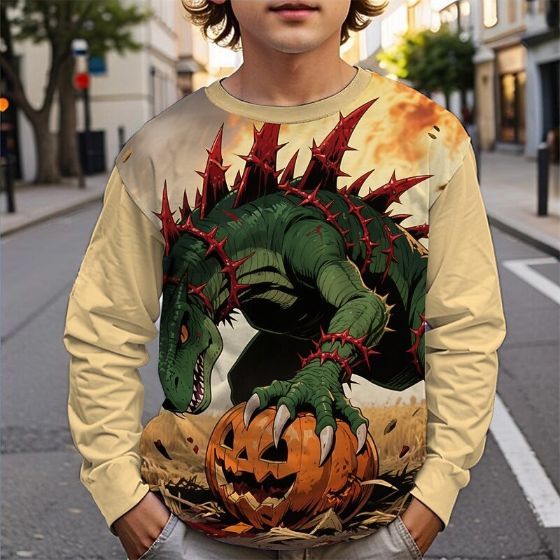 Halloween Boys' 3D Pumpkin Dinosaur T shirt Tee Long Sleeve Spring Fall Fashion Basic Kids 4-12 Years Crew Neck Outdoor Casual Daily Regular Fit