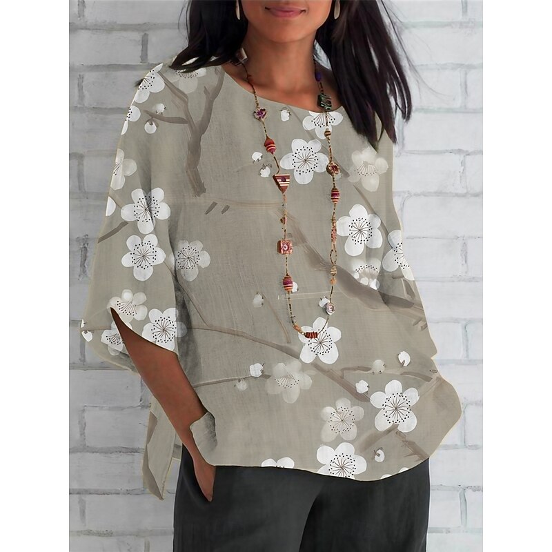 Women's Shirt Floral Daily Casual 3/4 Length Sleeve Crew Neck Regular Tops Daily Holiday Print Beige Gray Summer Spring Fall