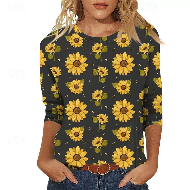 Women's T Shirt Graphic Sunflower Casual Short Sleeve Crew Neck Regular Tops Daily Going out Weekend Print Black White Yellow Green Dark Gray Fall2