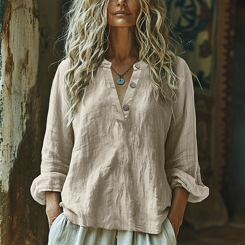 Women's Shirt Texture Blouse Linen-Inspired Shirts Blouse Plain Modern Casual Long Sleeve V Neck Regular Tops Holiday Going out Buttons White Light Purple Khaki Light Blue Fall3