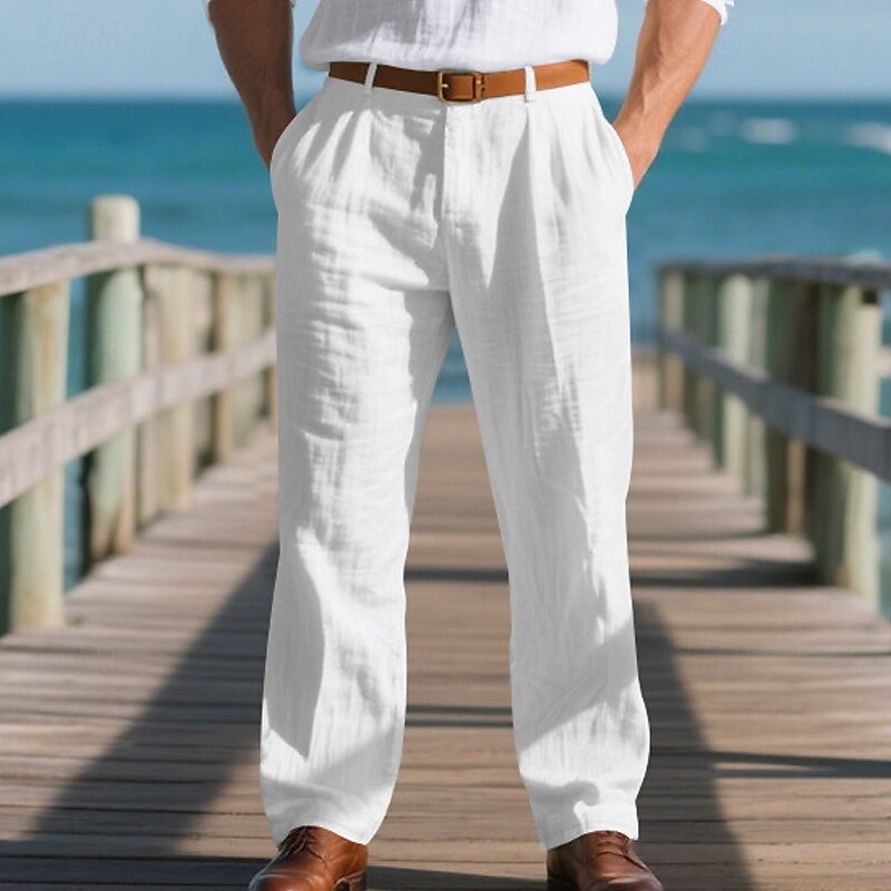 Men's Linen Pants Trousers Summer Pants Elastic Waist Straight Leg Plain Comfort Breathable Full Length Outdoor Casual Daily Fashion Classic Style Black White Inelastic