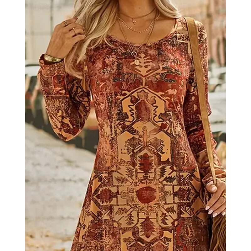 Women's Long Dress Maxi Dress Casual Dress Print Dress Fashion Modern Daily Date Weekend Regular Fit Flower Long Sleeve Crew Neck Brown Spring Fall2
