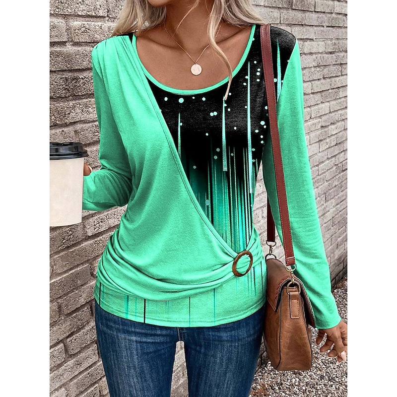 Women's T Shirt Graphic Geometric Gradient Vintage Stylish Modern Long Sleeve Crew Neck Regular Tops Daily Patchwork Print Pink Blue Purple Green Spring Fall Winter