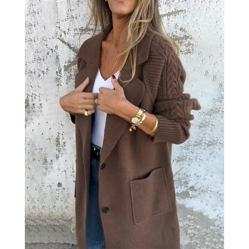 Women's Cardigan Casual Soft Solid Color Cable Shirt Collar Pocket Knitted Long Sleeve Long Tops Knit Daily Going out Weekend Black Red Fall3