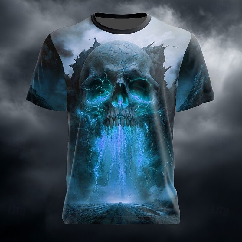 Halloween Men's Skull Optical Illusion 3D T Shirt Short Sleeve T shirt 3D Print Crew Neck Shirt Exaggerated Designer Horror Party Street Holiday Blue Orange Green Summer Spring Clothing Apparel S M L2