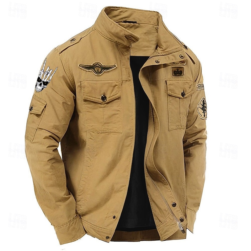 Men's Cotton Embroidered Military Jacket Windbreaker with Shoulder Straps Long Sleeve Standing Collar Multi-Pockets Trucker Jacket Skull Skeleton Print Tactical Outerwear2