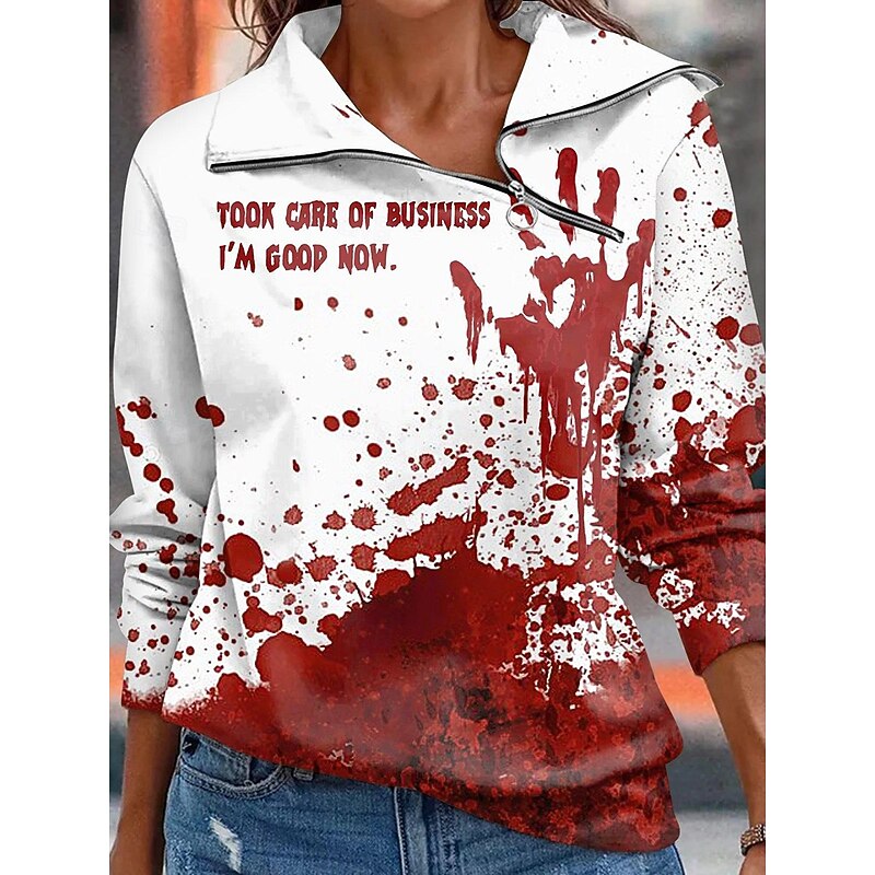 Halloween Women's Zip Up Sweatshirts Bloodstain Graphic Fashion Casual Long Sleeve High Neck Regular Tops Street Dailywear Zipper Print Maroon Black Wine Red Red White Spring Fall Winter2