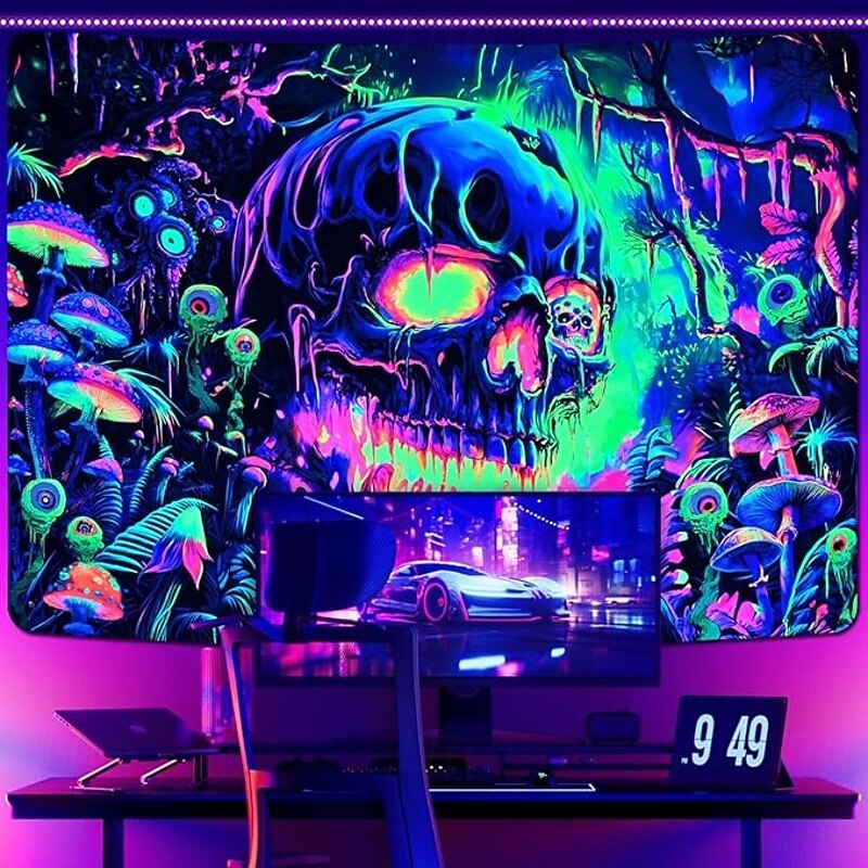 Neon Jungle Skull Blacklight Tapestry – Trippy Horror Wall Art for Psychedelic Room or Halloween Party Decor2
