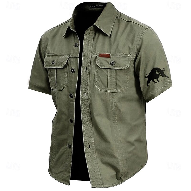 Men's Bull Work Shirt Western Shirt Cargo Shirt Short Sleeve Casual Tactical Sports Outdoor WorkWear Summer Spring Turndown Front Two Pockets Cotton Button Up Shirts Army Green Khaki Dark Blue Beige4