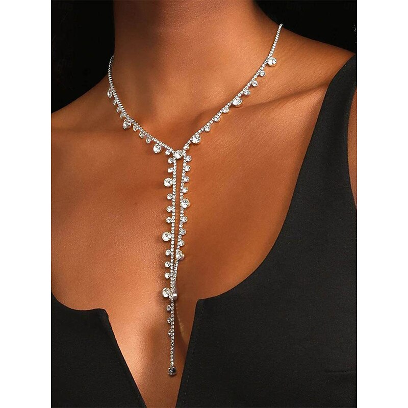Women's Rhinestone Y-Shaped Choker Necklace - Sparkling Crystal Statement Jewelry for Deep V-Neck Dresses and Party Occasions4