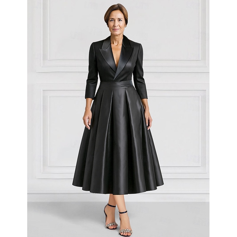 Tuxedo Dress A-Line Formal Wedding Guest Satin Silk Elegant Vintage Long Sleeve Tea Length Peak Lapel2