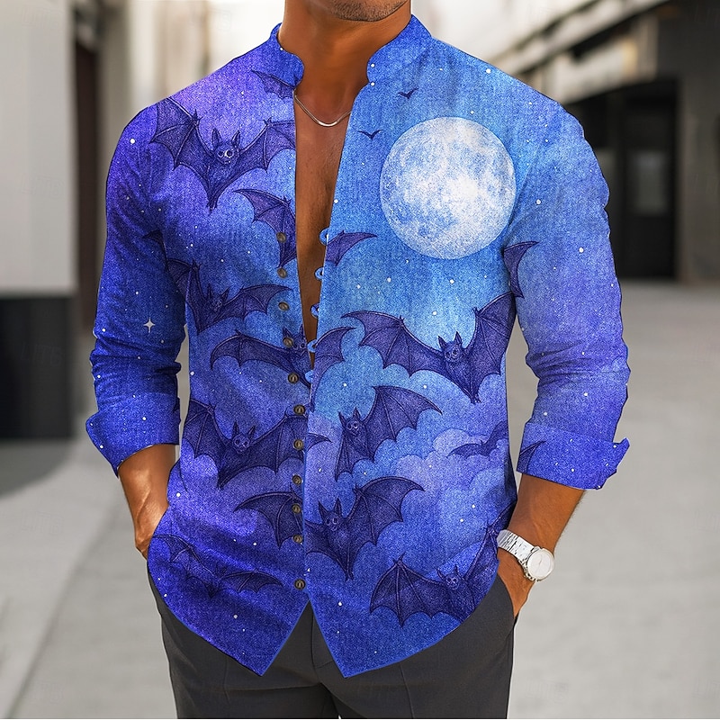 Halloween Men's Bat Halloween Costumes Shirt Stand Collar Shirt Long Sleeve Dark Gothic Style Outdoor Holiday Spring Fall Mandarin Collar Band Collar Button-Down Linen Like Shirt Blue