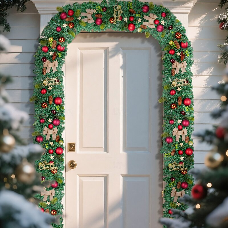Christmas Garland 6/9FT , Pinecone and Holiday Accented Door Xmas Pvc Outdoor Decoration, Fireplace, Staircase, and Christmas Tree Hanging Decor, Festive Winter Home Decoration2