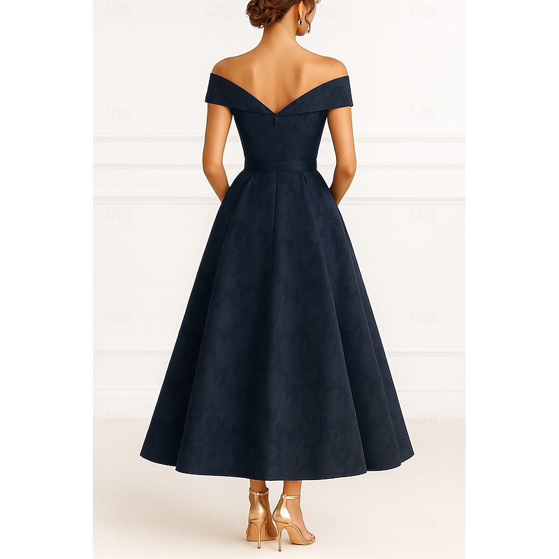 Burgundy Blue Mother of the Bride A-Line Evening Gown Elegant Dress Formal Wedding Floor Length Short Sleeve Off Shoulder Pocket Nylon with Bow(s) Strappy2