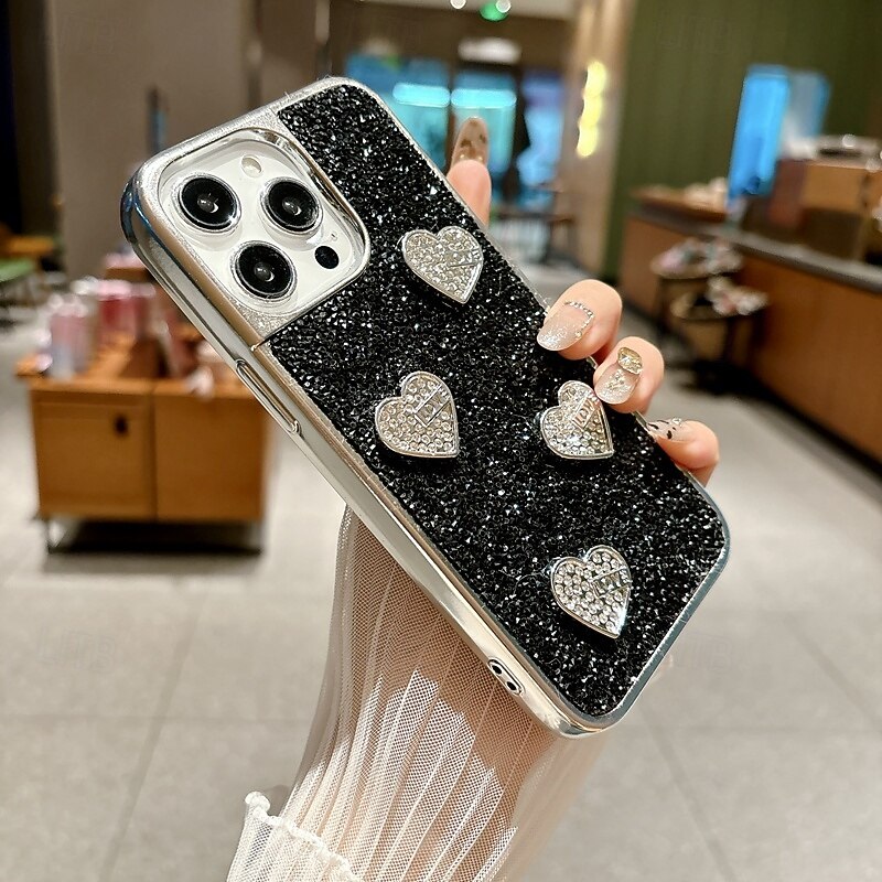 Phone Case For iPhone 16 15 14 Pro Max Plus 16e 13 Pro Max Back Cover Bling Glitter Shiny Shockproof Heart PC3