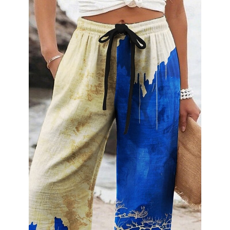 Women's Wide Leg Pants Trousers Vacation Casual Long High Waist Graphic Prints Elastic Waist Printing High Cut Breathability Soft Micro-elastic Vacation Street Daily Wear Blue Spring Fall Regular Fit2