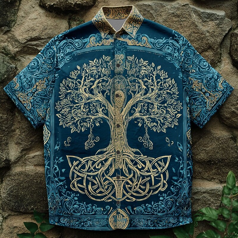 Men's Tree Of Life Shirt Summer Shirt Button Up Shirt Short Sleeve Vintage Retro Dailywear Holiday Summer Spring Turndown 3D Print Collared Shirts Front One Pocket Blue Purple Khaki