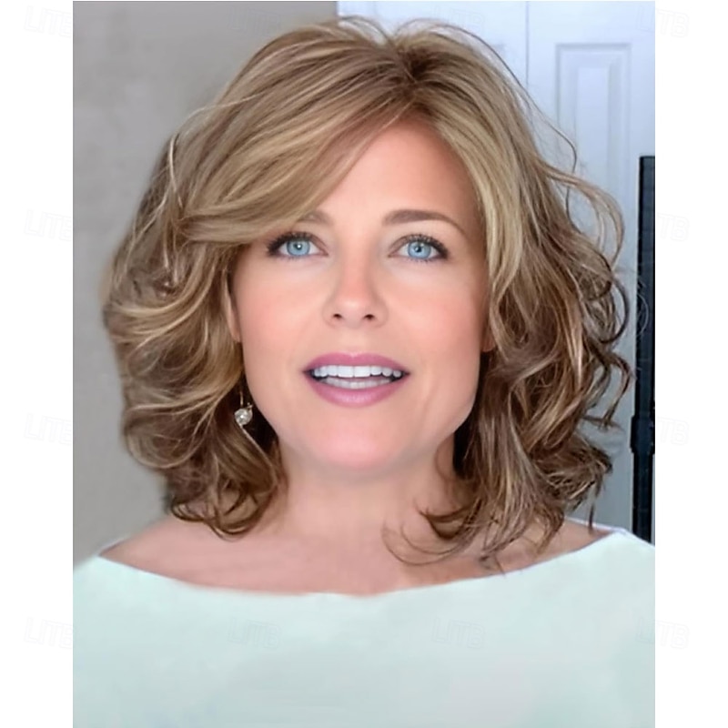 Brown Mix Blonde Short Wavy Bob Wigs for White Women Layered Casual Bob Hairstyle 12inch Heat Synthetic Average Size Wig Side Part Daily Party Wig