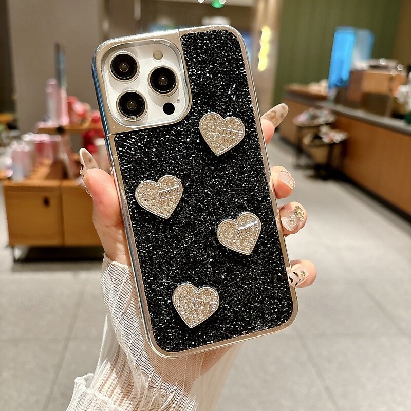 Phone Case For iPhone 16 15 14 Pro Max Plus 16e 13 Pro Max Back Cover Bling Glitter Shiny Shockproof Heart PC2