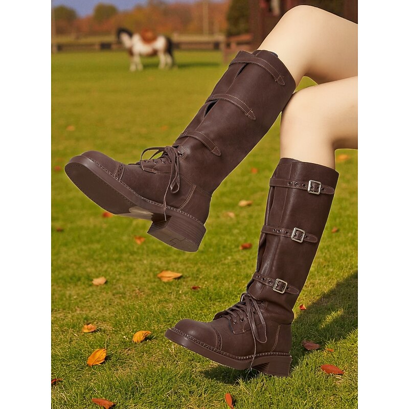 Women's Brown Faux Leather Knee - High Riding Boots with Buckles and Laces - Equestrian - Inspired Rustic Stylish Footwear for Horseback Riding, Countryside Walks and Casual Outings4