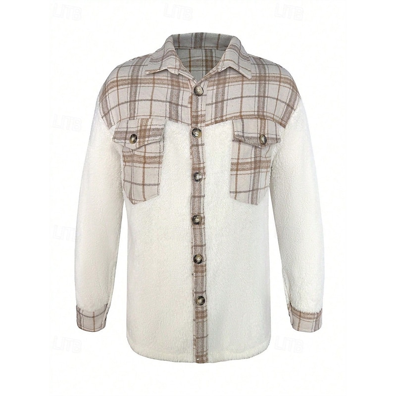 Men's Fleece Shirt Shacket Shirt Jacket Winter Jacket Plaid Vacation Daily Wear Beige Long Sleeve Lapel Fall Winter Clothing Apparel Pocket4