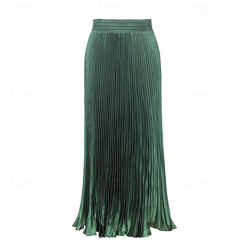 Women's Skirt A Line Fashion Casual Maxi High Waist Skirts Plain Pleated Micro-elastic Casual Daily Weekend Peacock Blue Violet Blue Dark Green Summer Polyester4