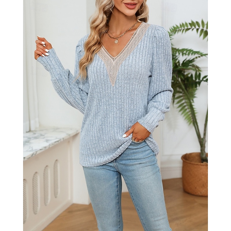Women's Sweater Pullover Daily Stylish Casual Color Block Ribbed V Neck Knitted Lace Trims Long Sleeve Regular Tops Knit Daily Holiday Going out Wine Red Black Fall Winter2