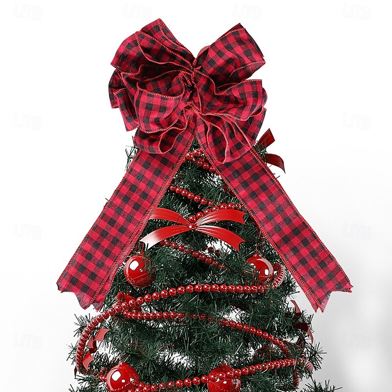 Christmas Plaid Bow Tree Topper, Red Buffalo Check Bow Decoration for Christmas Tree, Holiday Party and Home Decor
