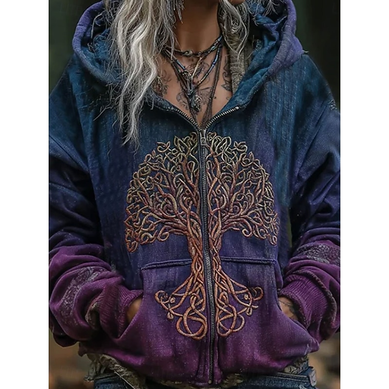 Women's 3D Print Vintage Boho Hoodie Patchwork Hoodie Sweatshirt Floral Zip Up s Graphic Tribal Fashion Casual Long Sleeve Hooded Regular Tops Street Dailywear Zipper Pocket Print Blue Spring Fall3