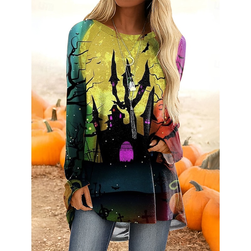 Halloween Women's T Shirt Castle Ombre Graphic Vintage Stylish Classic Long Sleeve Crew Neck Regular Tops Daily Print Yellow Pink Blue Orange Spring Fall - Main Image