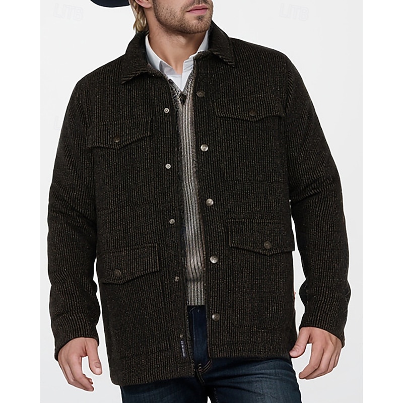 Men's Lightweight Jacket Corduroy Jacket Casual Jacket Vacation Daily Warm Pocket Fall Winter Plain Fashion Classic Lapel Regular Black Army Green Jacket