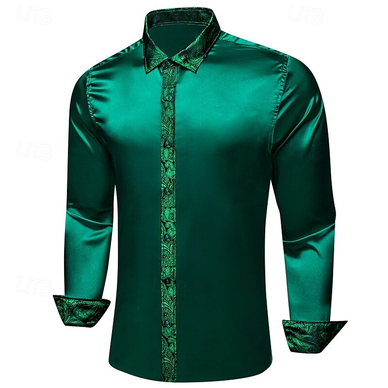 Men's Shirt Silk Like Satin Shirt Casual Shirt Button Up Shirt Prom Shirt Plain Formal Wedding Green Long Sleeve Lapel Spring &  Fall All Seasons Clothing Apparel Patchwork3