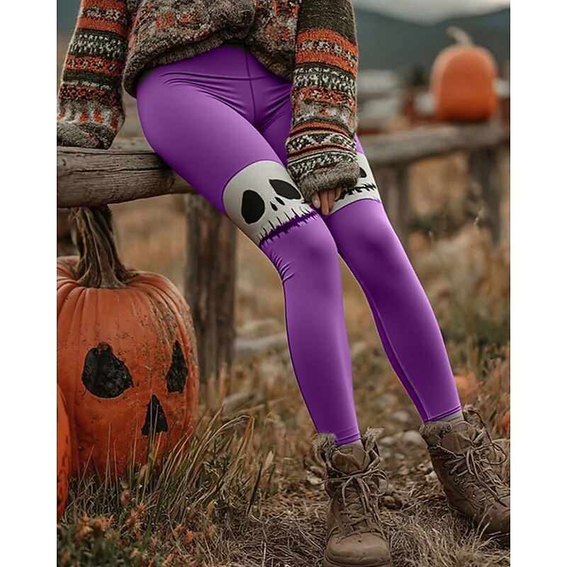 Women's Pants Trousers Leggings Cozy Leggings Streetwear Casual Full Length High WaistPantsHalloween Skull Elastic Waist Print Breathability Comfortable Stretchy Vacation Street Daily Wear Yellow4