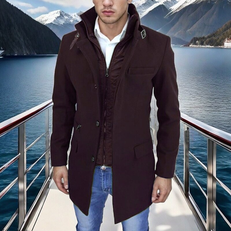 Men's Peacoat Trench Coat Vacation Daily Fall Winter Polyester Windproof Outerwear Clothing Apparel Fashion Classic Plain Pocket Lapel Zipper4