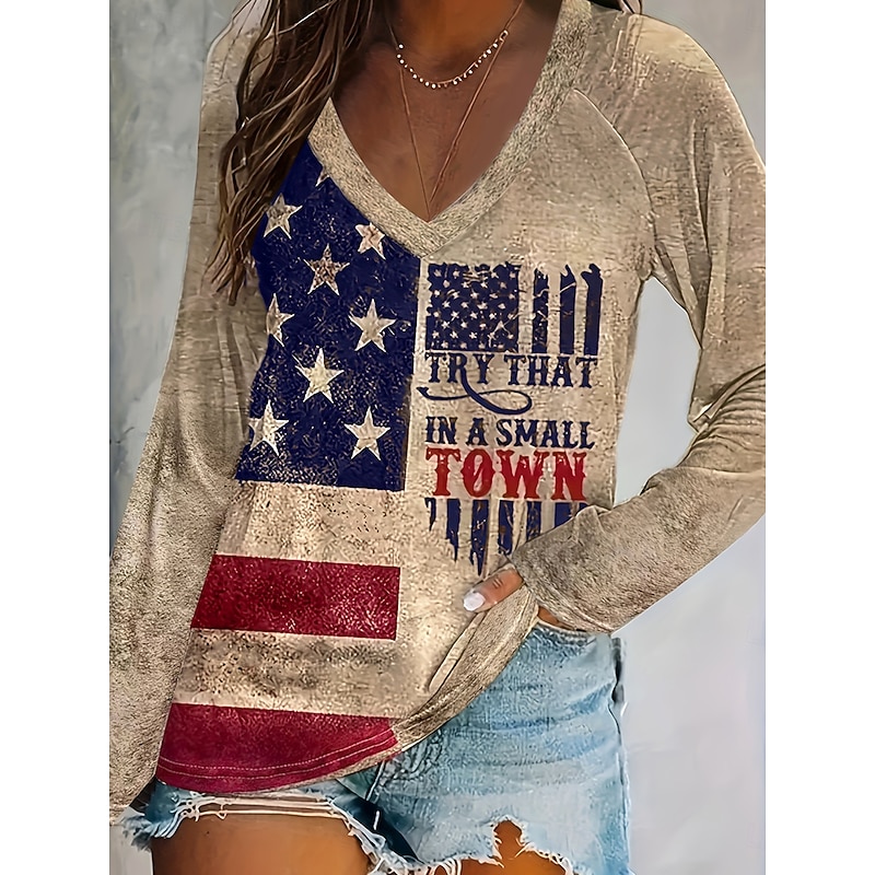 Women's T Shirt Graphic Flag Vintage Stylish Classic Long Sleeve V Neck Regular Tops Daily Print Khaki Fall Winter