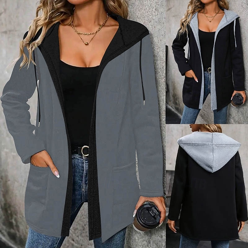 Women's Casual Jacket Hoodie Jacket Comfortable Breathable Patchwork Casual Plain Vacation Street Casual Daily Wear Open Front Regular Hoodie Regular Fit Long Sleeve Outerwear Black Gray Spring Fall