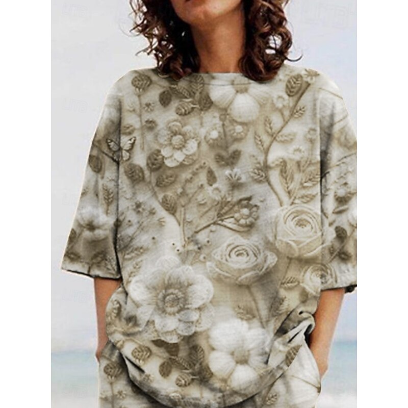 Women's Active Fashion Pants Sets 3/4 Length Sleeve Crew Neck Floral Print Vacation Daily Holiday Green Summer Regular Fit3