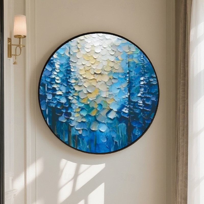 Handmade 3D frame Oil Painting Enchanted Forest Landscape with Vibrant Gradient Hues Rich Textures Thick Impasto Techniques and Detailed Brushstrokes in Round Frame Home Decor3