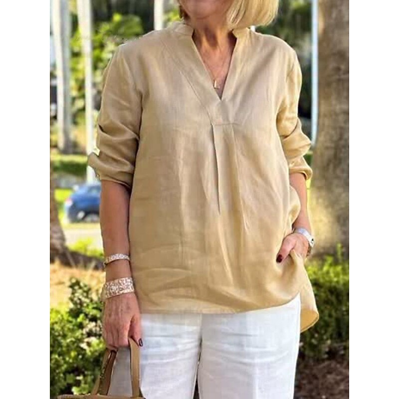 Women's Linen Shirts Plain Daily Modern 3/4 Length Sleeve V Neck Regular Tops Daily Holiday White Yellow Pink Khaki Light Grey Spring Fall4