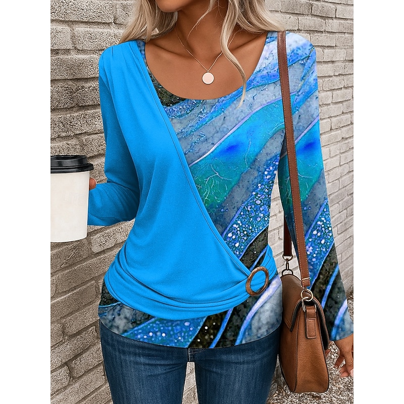 Women's T Shirt Graphic Geometric Stylish Casual Long Sleeve Crew Neck Regular Tops Daily Patchwork Print Yellow Red Blue Purple Green Summer Fall Winter3