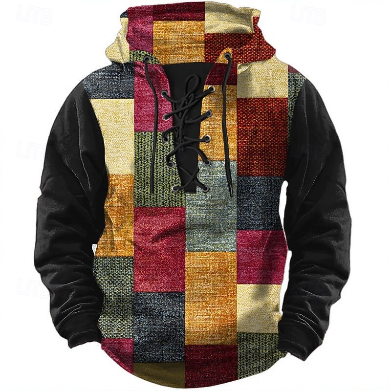 Men's Geometric Hoodies Fashion Cool Long Sleeve Hooded Black Blue Drawstring Patchwork Fall Winter Designer