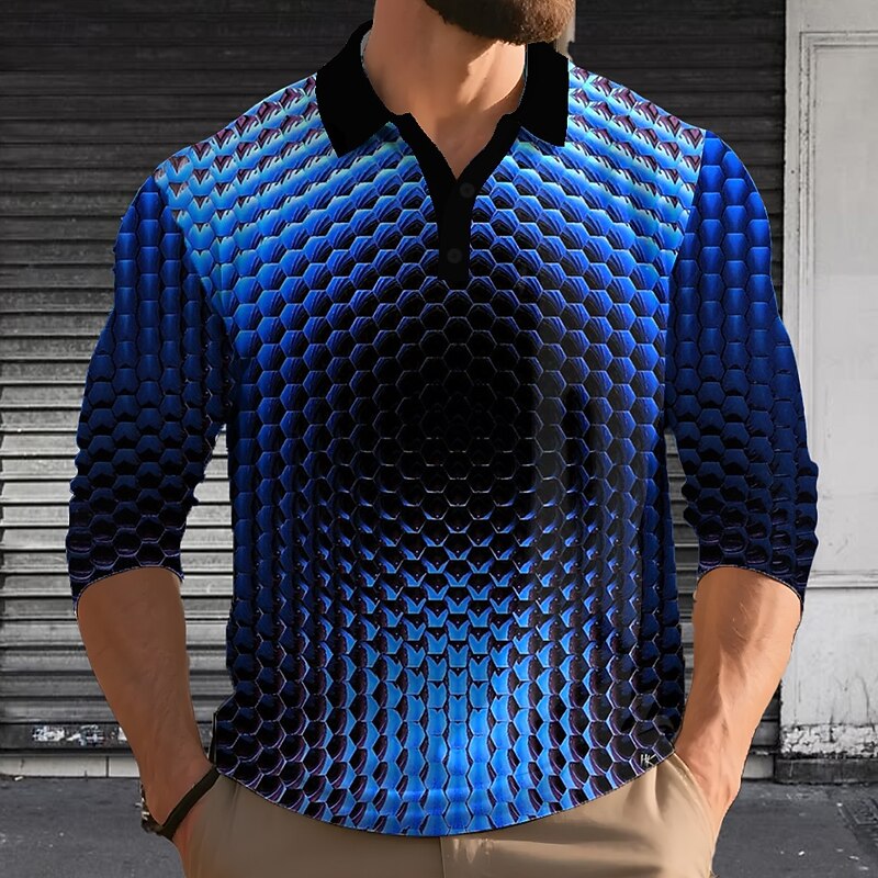 Men's Geometric Polo Long Sleeve Polo Shirts Lapel Casual Outdoor Street Athleisure Daily Wear 3D Print Buttons Spring Fall Winter Red Blue Purple - Main Image