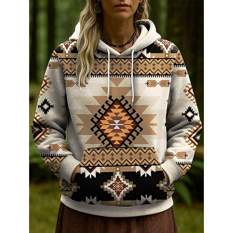 Women's Pullover Hoodie Sweatshirt Graphic Geometric Casual Long Sleeve Hooded Regular Tops Party Evening Wear Street Dailywear Blue Purple Brown Green Gray Spring Fall Winter