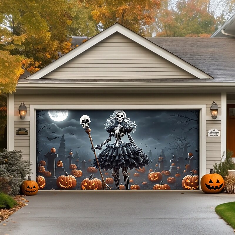 Halloween Garage Door Cover Large Hanging Backdrop Skeleton Pumpkin Dark Punk Gothic Style Party Outdoor Shooting Backgrounds Front Door Home Decor