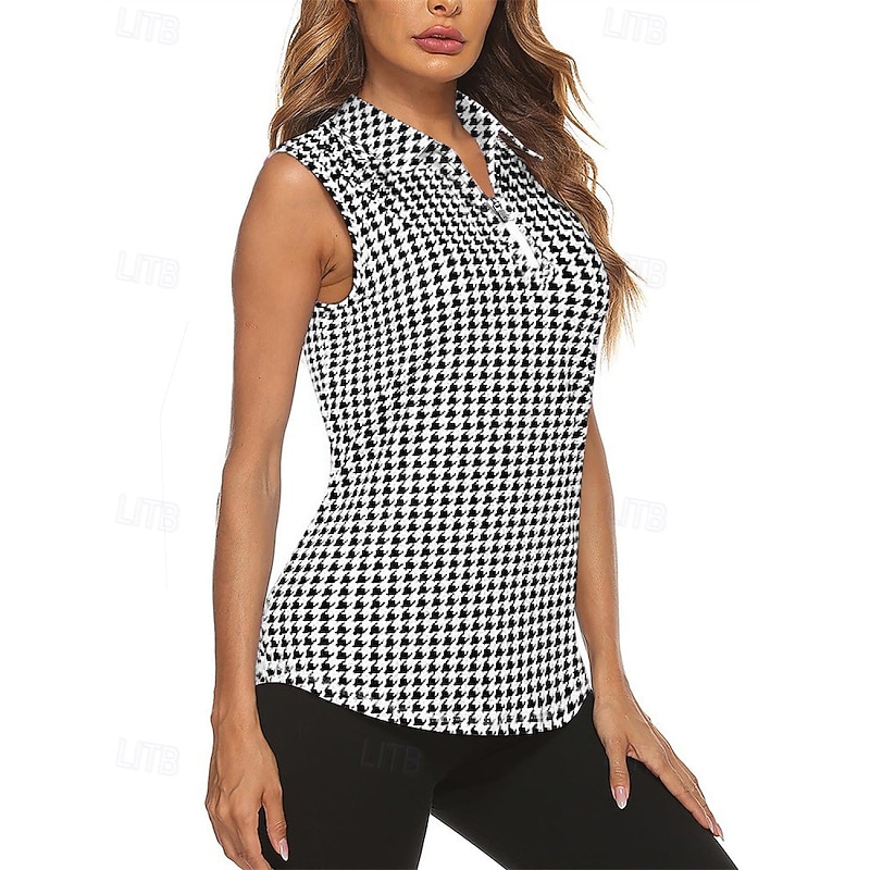 Women's Plaid / Check Sport Shirt Golf Polo Shirt Tennis Shirt Sleeveless Zipper High Elasticity Moisture Wicking Breathable Tennis Golf Pickleball Turndown Zip Collar Shirt Top Black Pink Navy Blue3