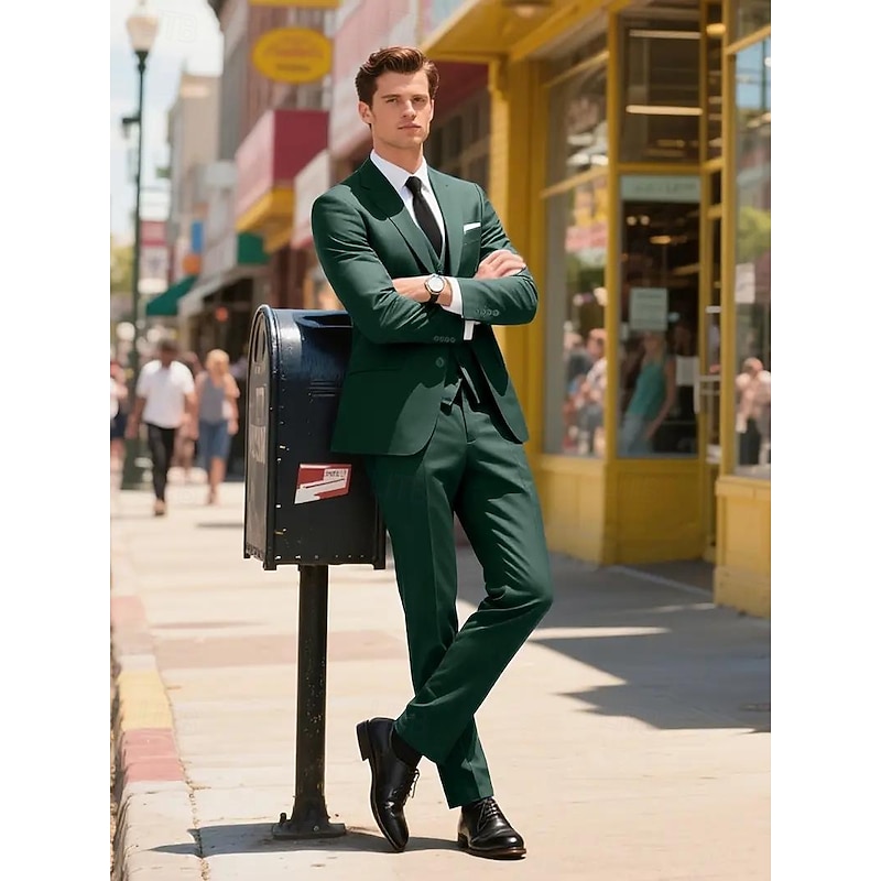 Men's Wedding Business Party Suits Notch Lapel Army Green Casual Formal Solid Colored Slim Fit 3 Piece Single Breasted Two-buttons3