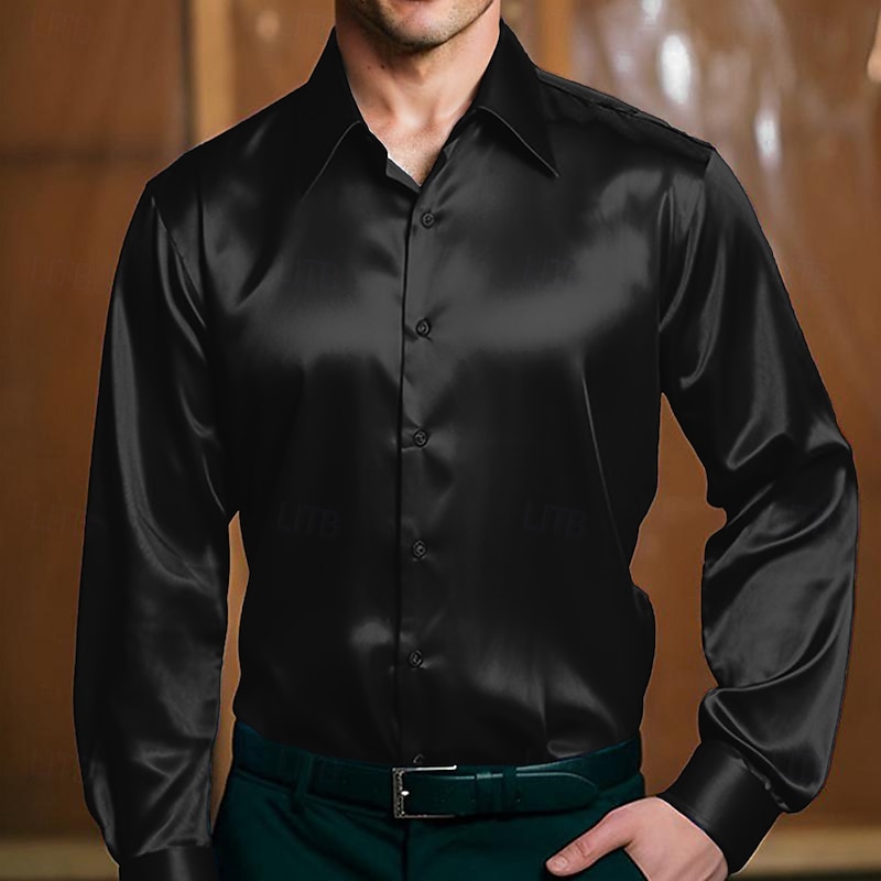 Men's Shirt Silk Like Satin Shirt Dress Shirt Casual Shirt Button Up Shirt Plain Formal Business Black White Yellow Red Long Sleeve Lapel Spring &  Fall All Seasons Clothing Apparel4