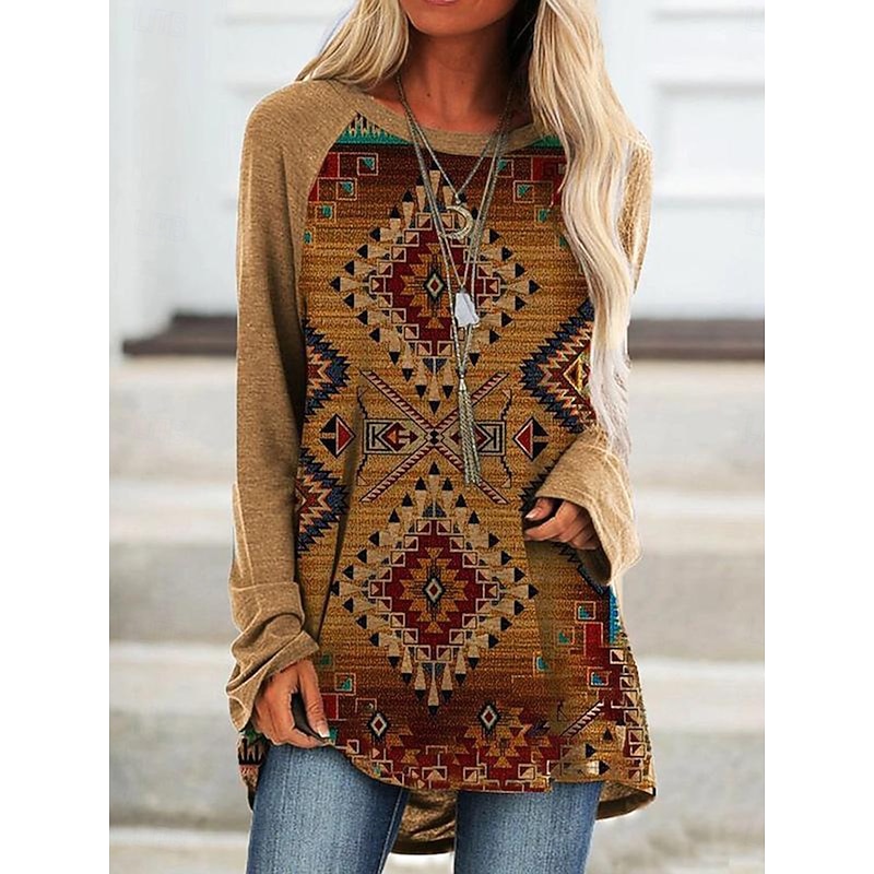 Women's T Shirt Graphic Tribal Vintage Stylish Casual Long Sleeve Crew Neck Long Tops Daily Print Blue Brown Green Khaki Spring Fall