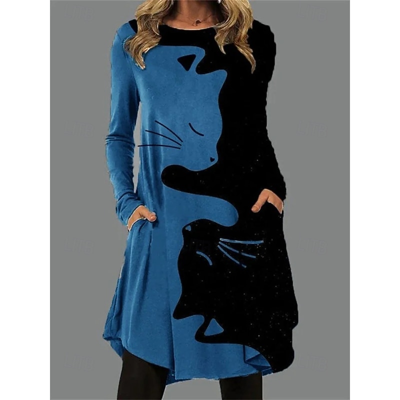 Women's Midi Dress Sheath Dress T Shirt Dress Tee Dress A Line Dress Athletic Dress Vacation Casual Boho Daily Regular Fit Graphic Cat Long Sleeve Crew Neck Blue Gray Summer Spring Fall2