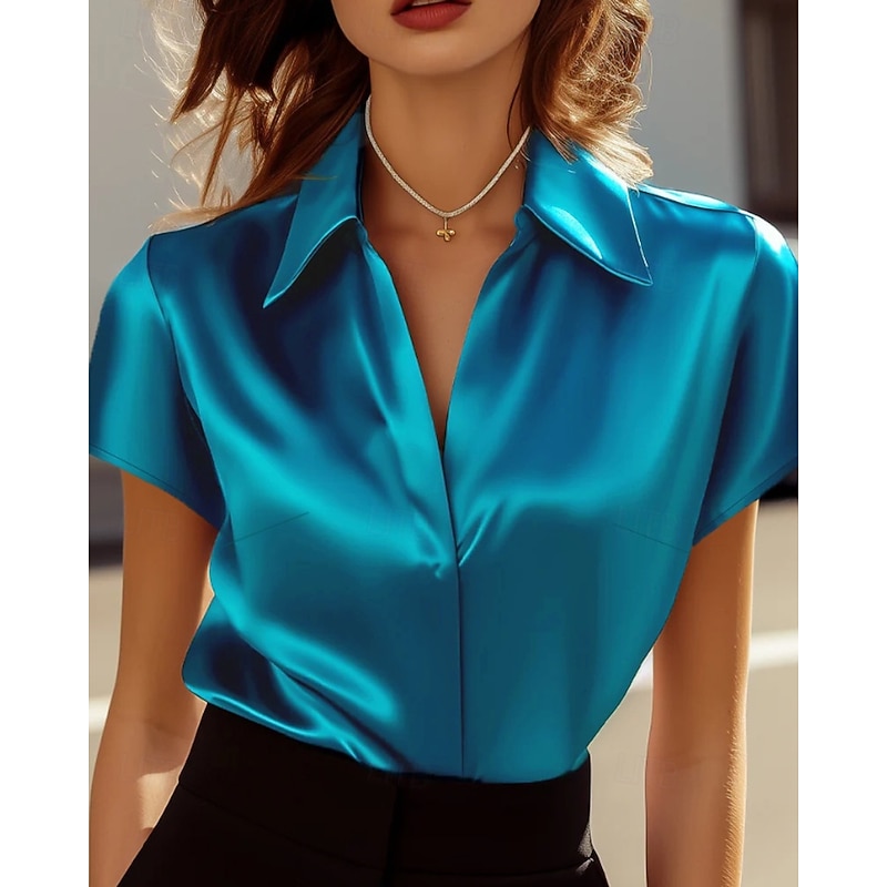 Women's Shirt Blouse Plain Stylish Modern Short Sleeve Shirt Collar Regular Tops Work Going out Buttons Navy Blue Summer2